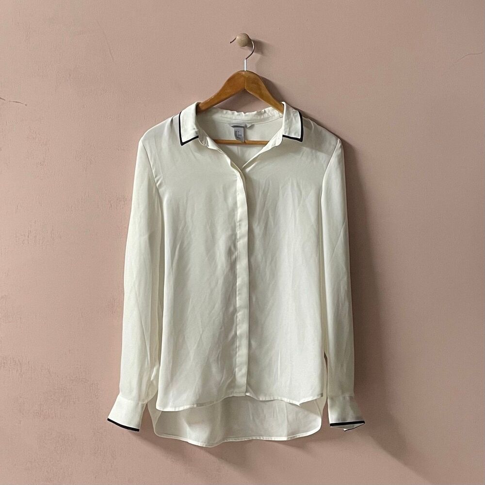 H&M Cream & Black Trim Button-Down Long Sleeve Top Size 6 GUC